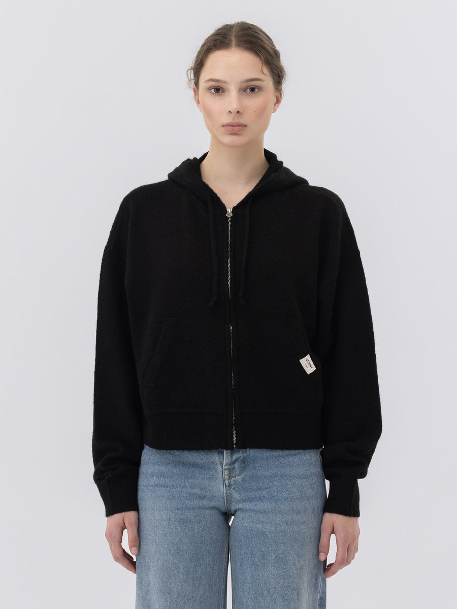 GLOWNY G Wool Knit Zip-Up Hoodie (Black)