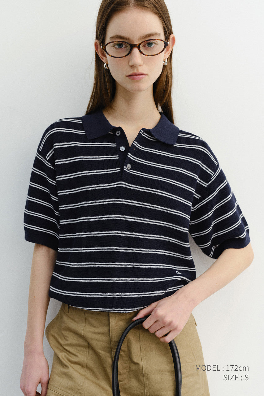 Dunst Unisex Soft Striped Polo Knit Navy