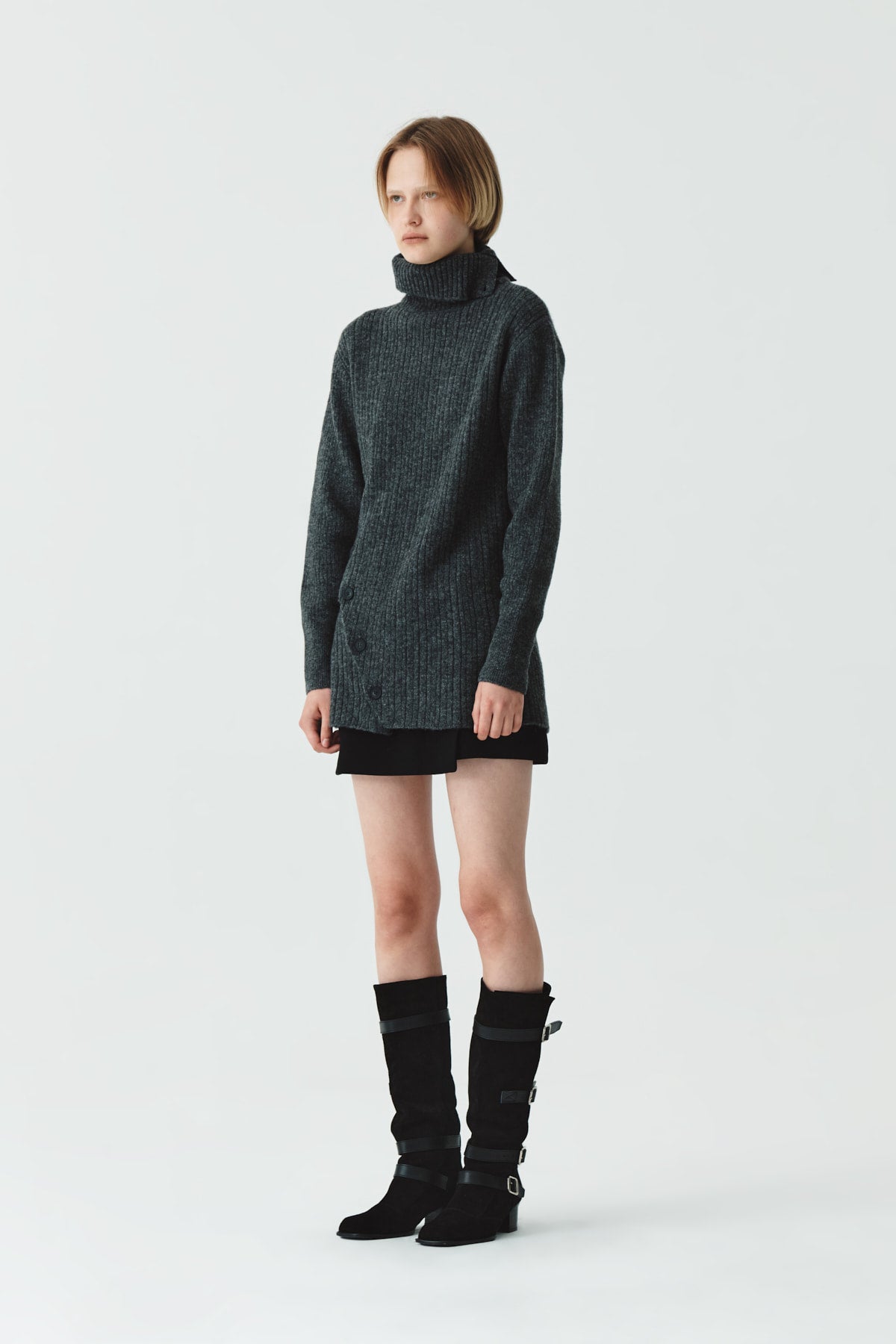 Matinkim Button Slit Knit Dress IN Charcoal