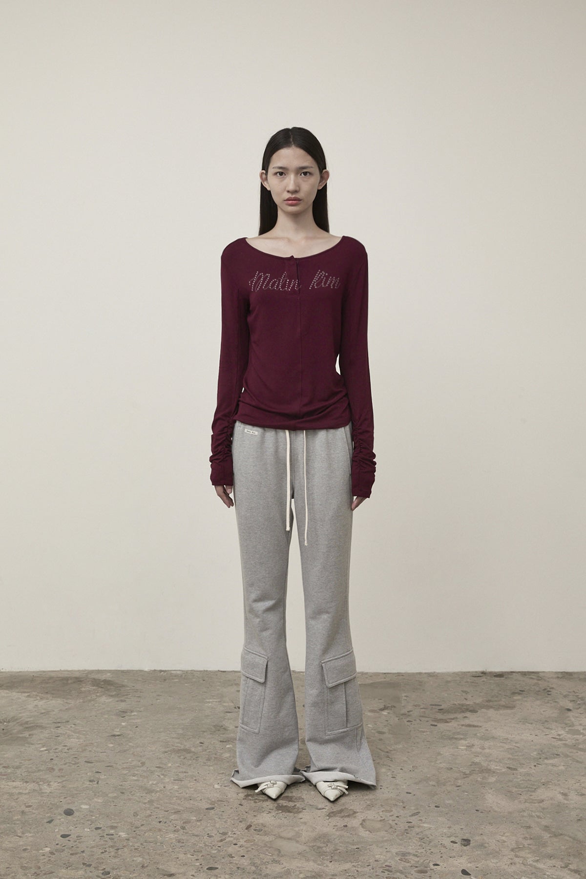 [matinkim] HENLY NECK SHIRRING TOP IN BURGUNDY