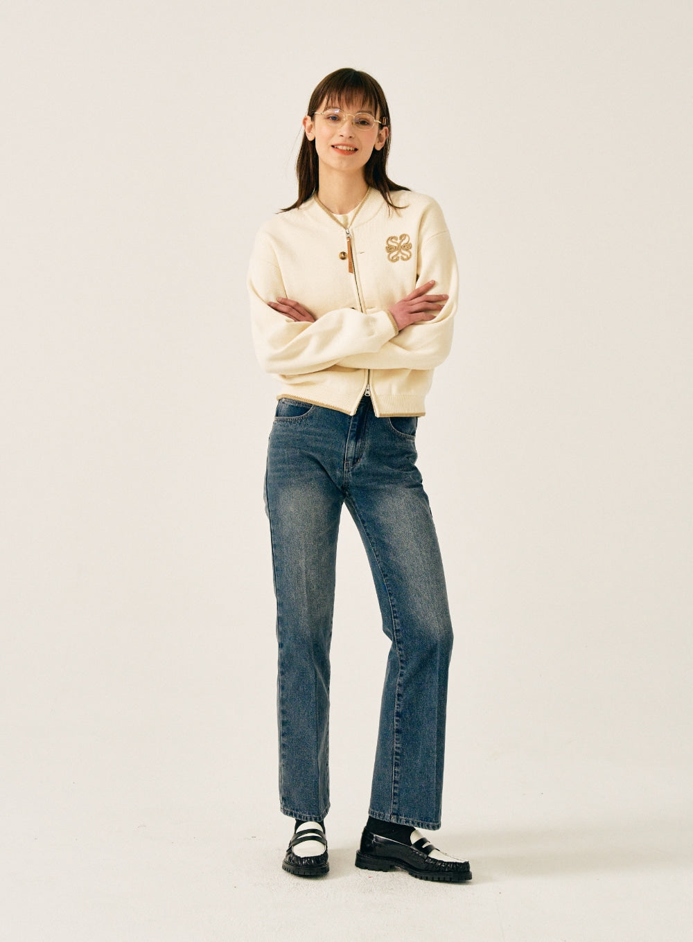 [satur] Teo Varsity Zip-Up Knit Cardigan - Resort Cream