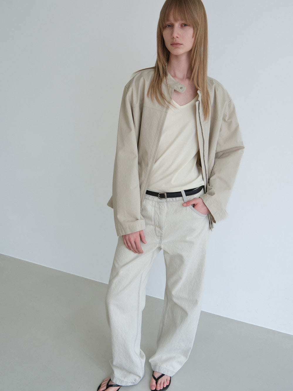 [Low Classic] Washed Cotton Biker Jacket_Cream