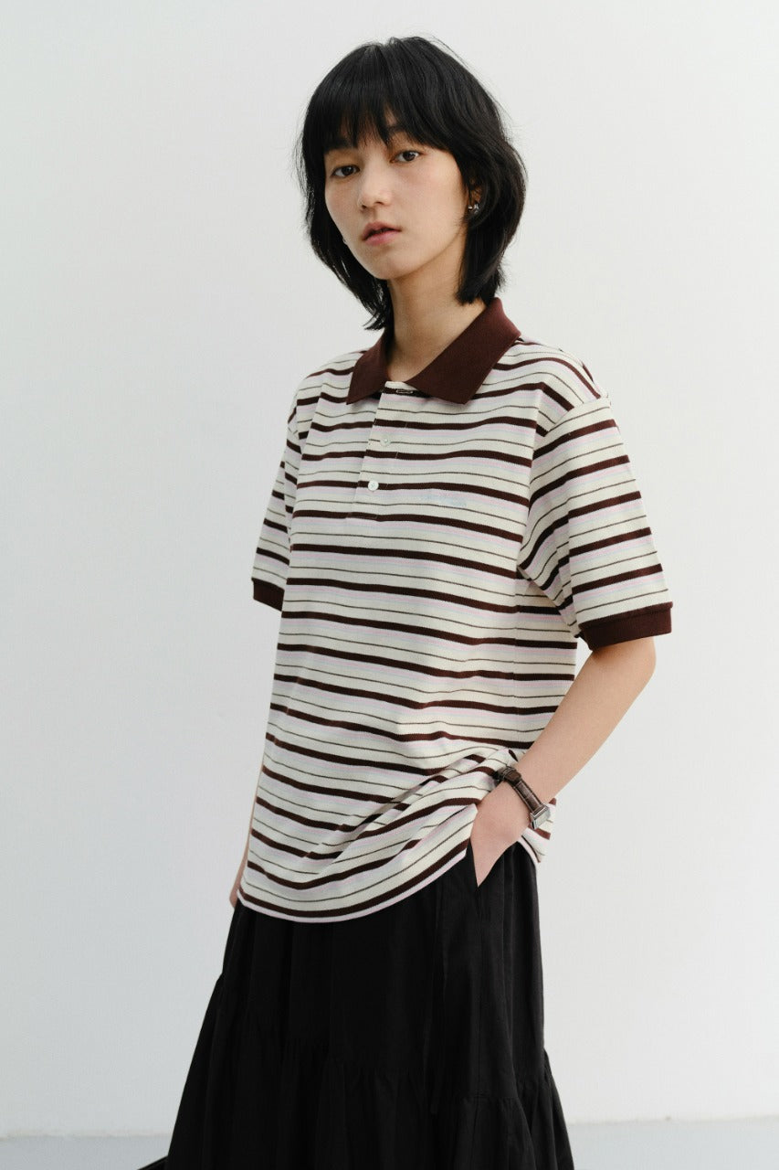 Dunst Unisex Striped Polo Shirt Brown
