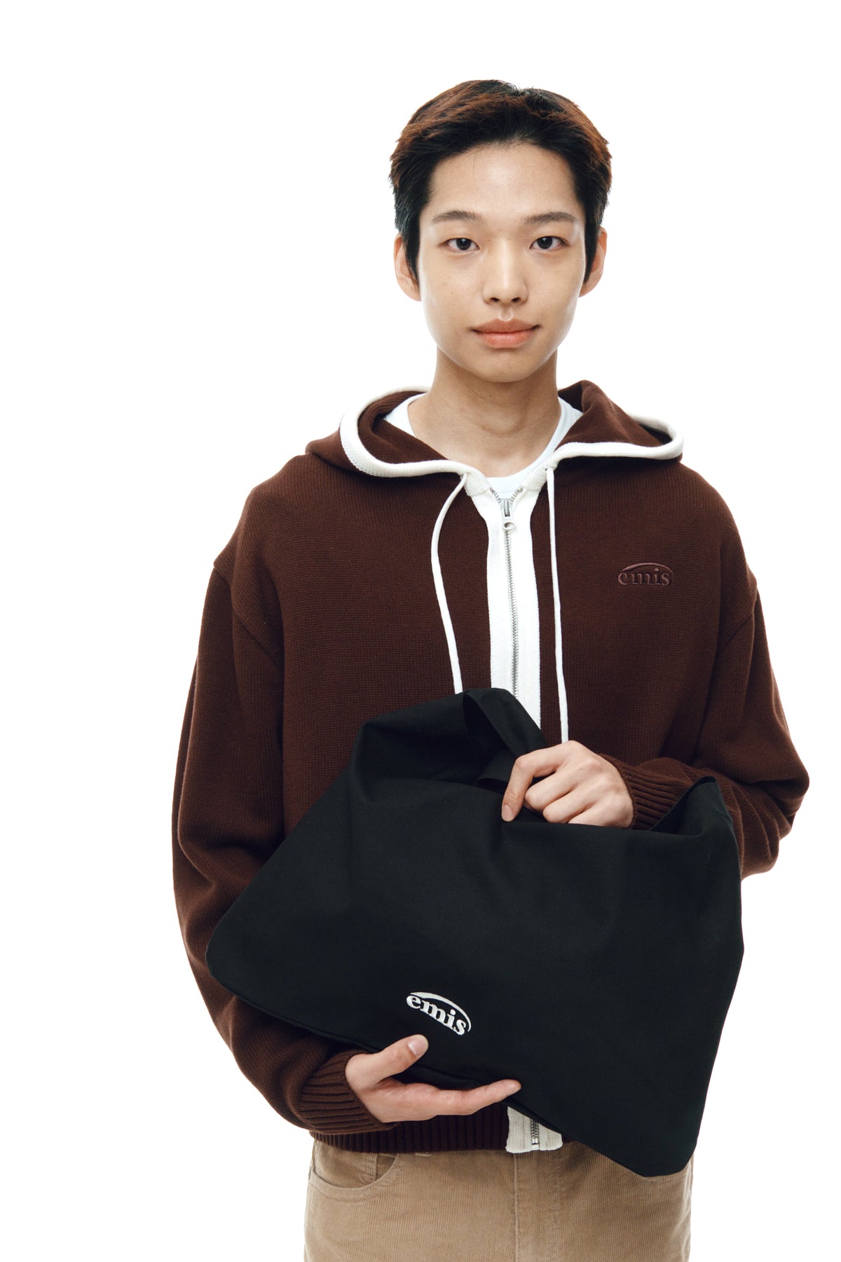 Emis Color-Block Knit Hood Zip-Up-Brown