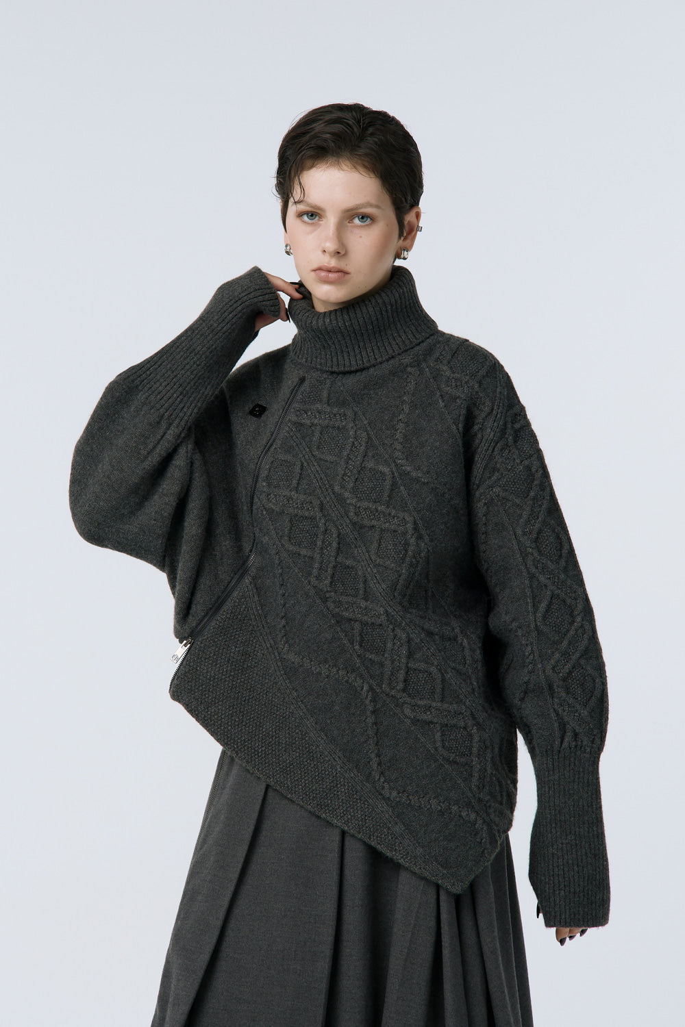 Treemingbird Argyle Cable Zip-up Pullover Charcoal