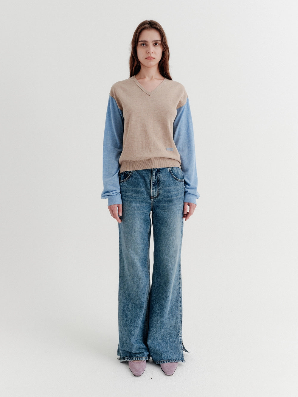 EENK V-Neck Contrast Knitwear Top - Light Beige