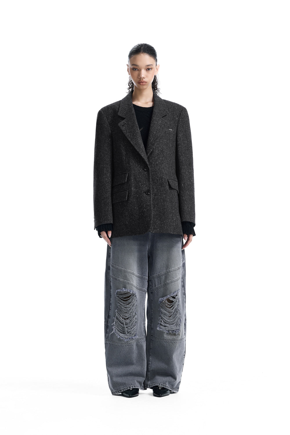 Treemingbird Back-Button Oversized Wool Blazer Charcoal