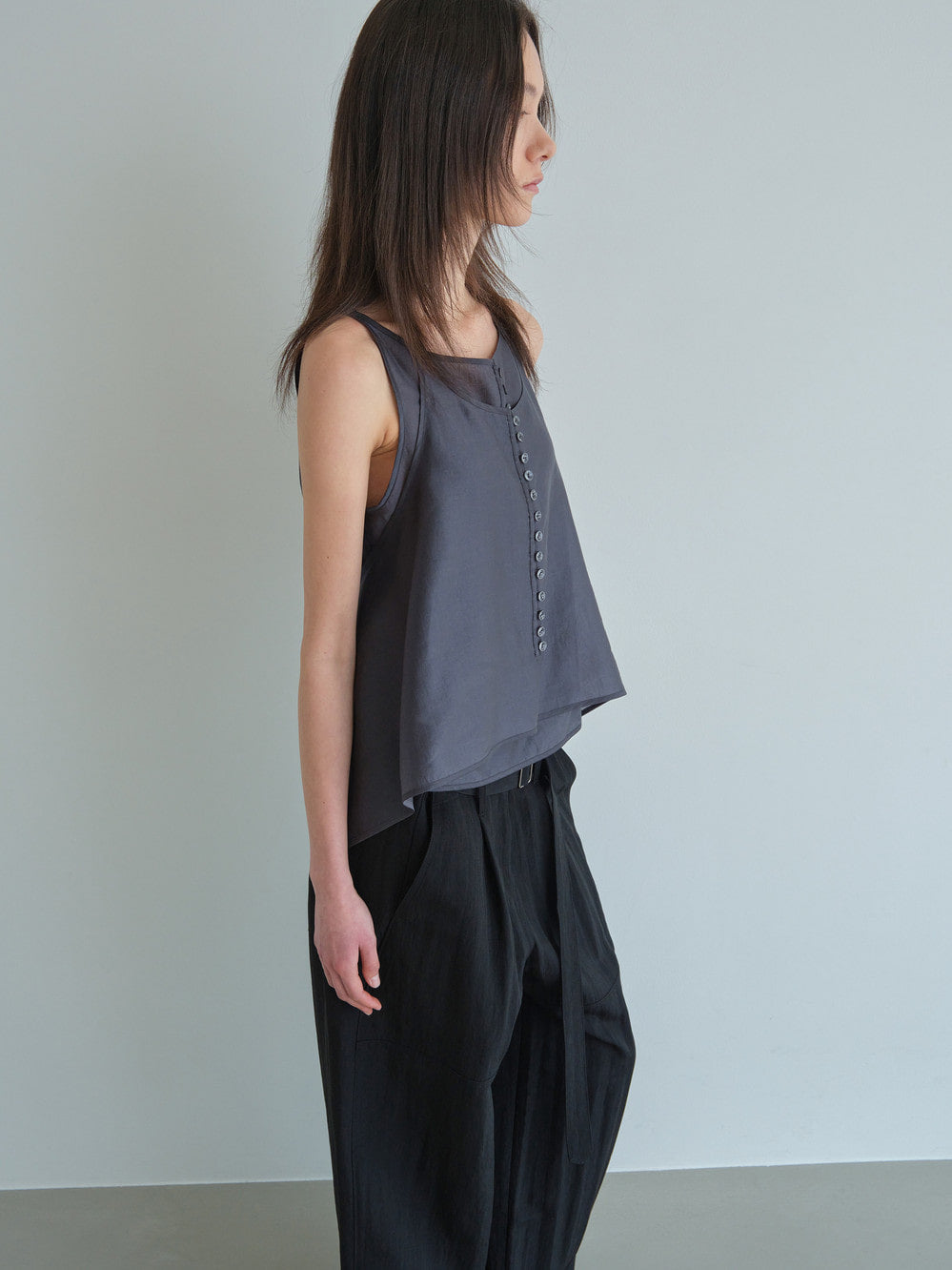 Low Classic See-Through Button Loop Top Charcoal