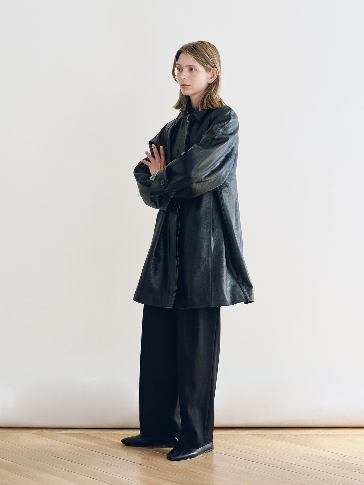 Nothing Written Goat leather balmacaan coat (Black)