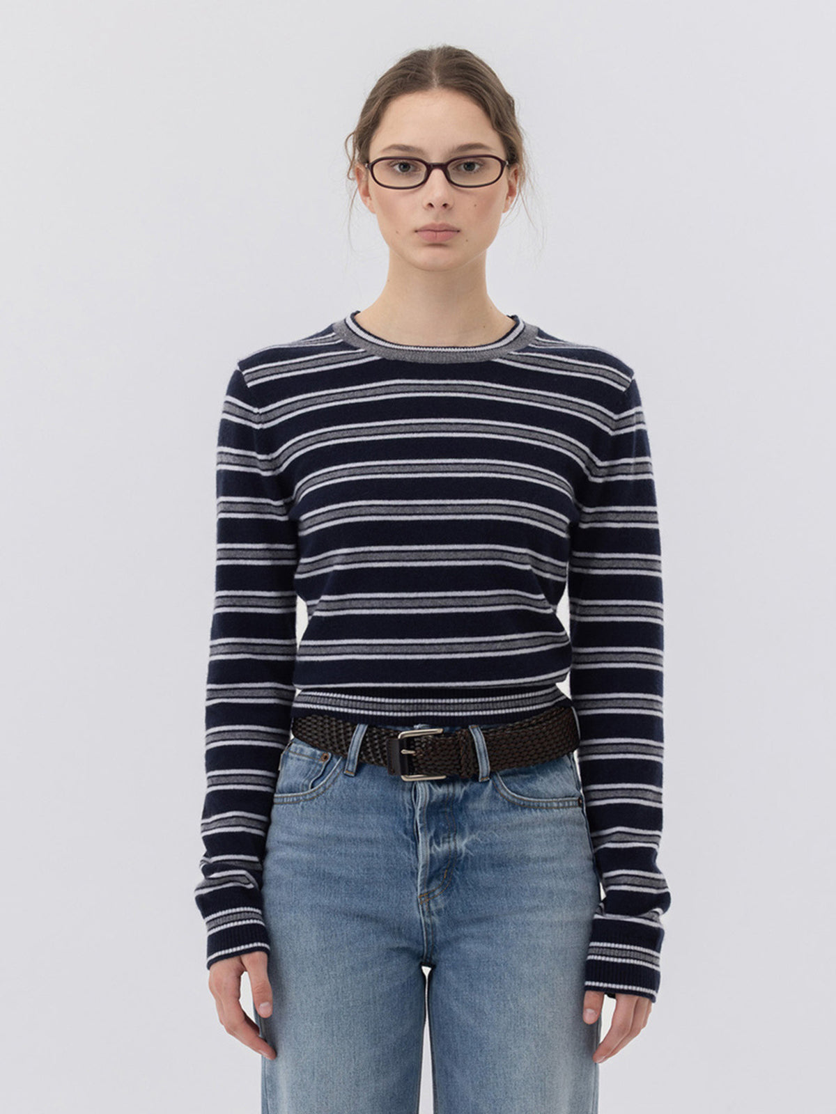GLOWNY G Mixed Stripe Cashmere Knit (Navy)