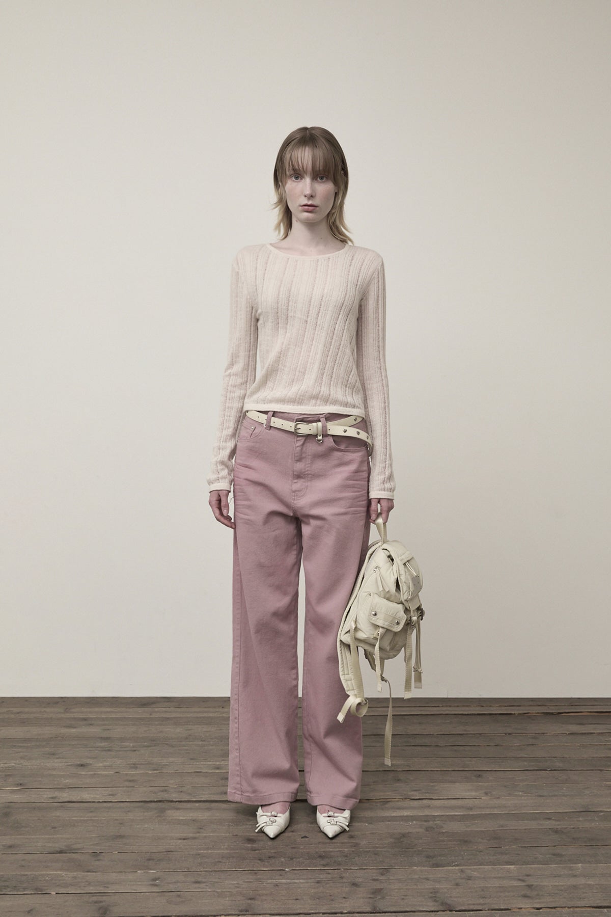 [matinkim] DIAGONAL TEXTURE KNIT TOP IN LIGHT BEIGE