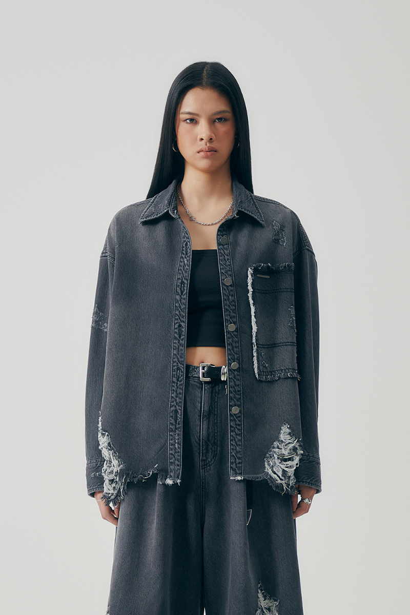 Treemingbird Distressed Square Denim Set-up Jacket Gray