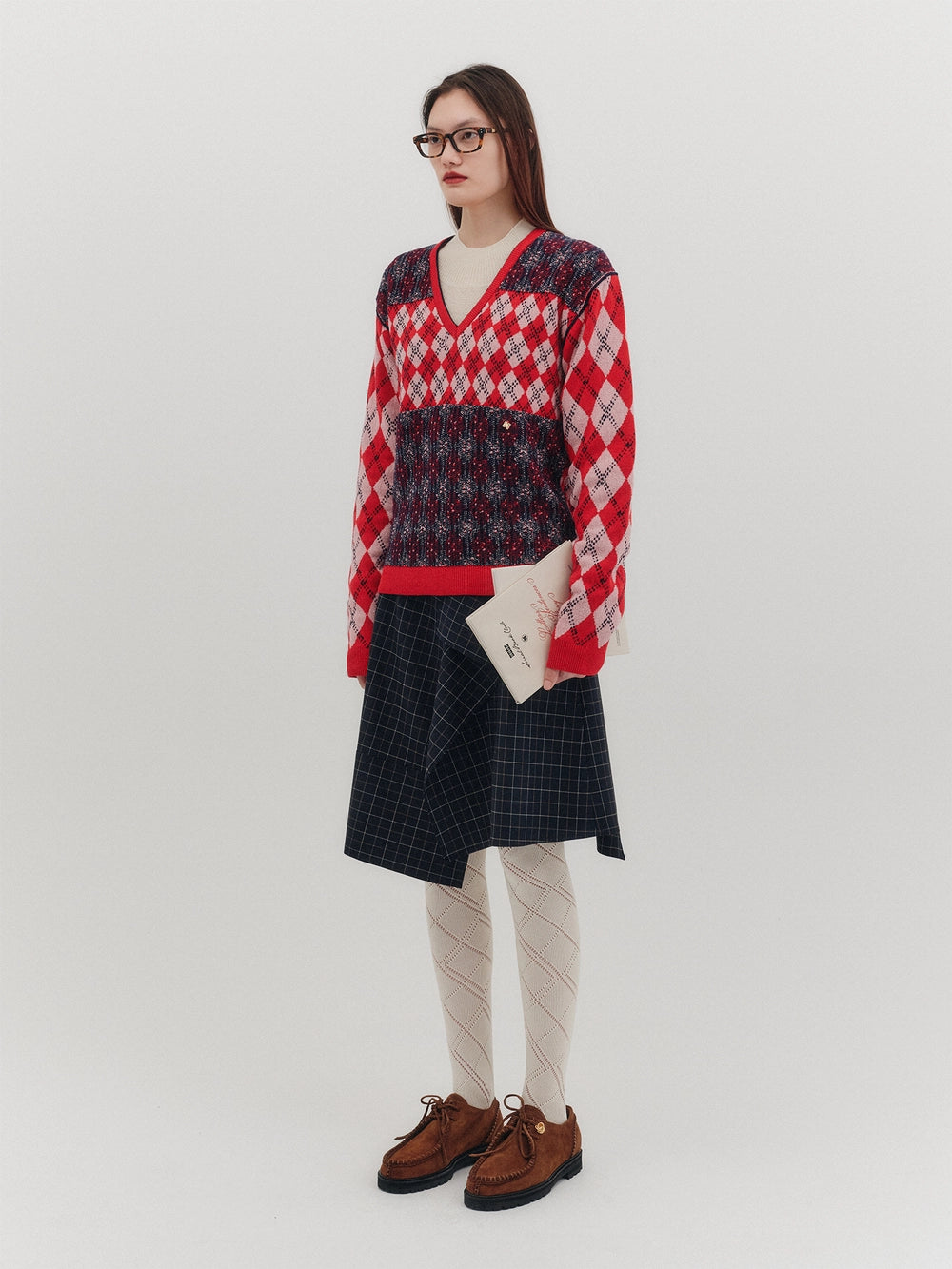 EENK V-Neck Argyle Knitwear Top - Red