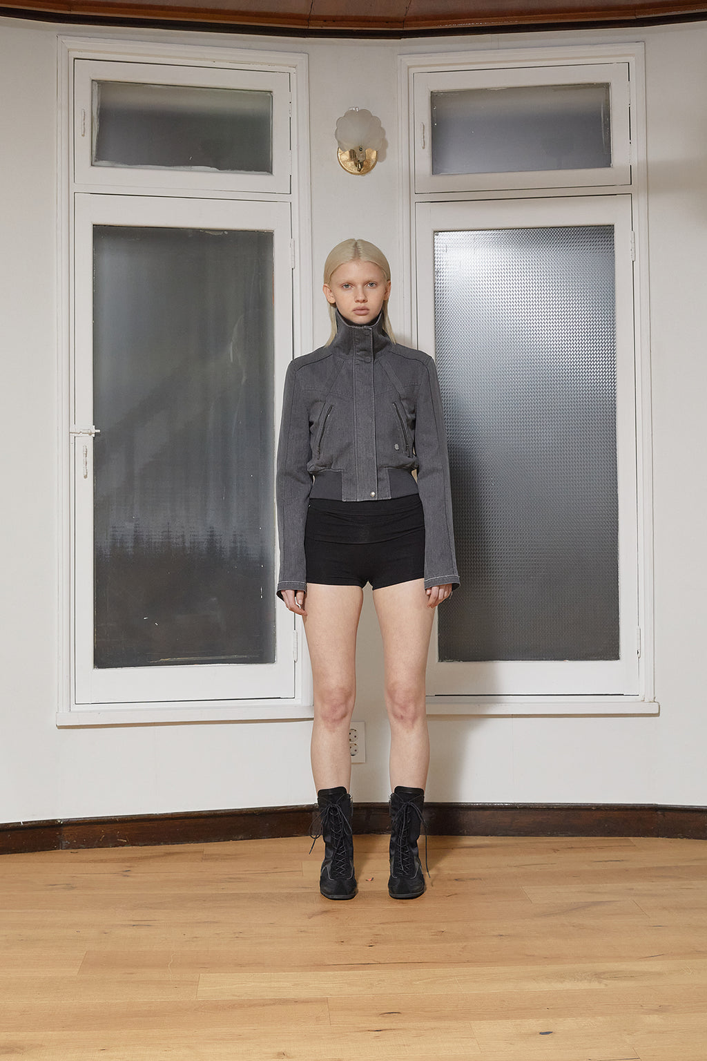 [matinkim] COLOR MIXED SLIM BOMBER JUMPER IN CHARCOAL