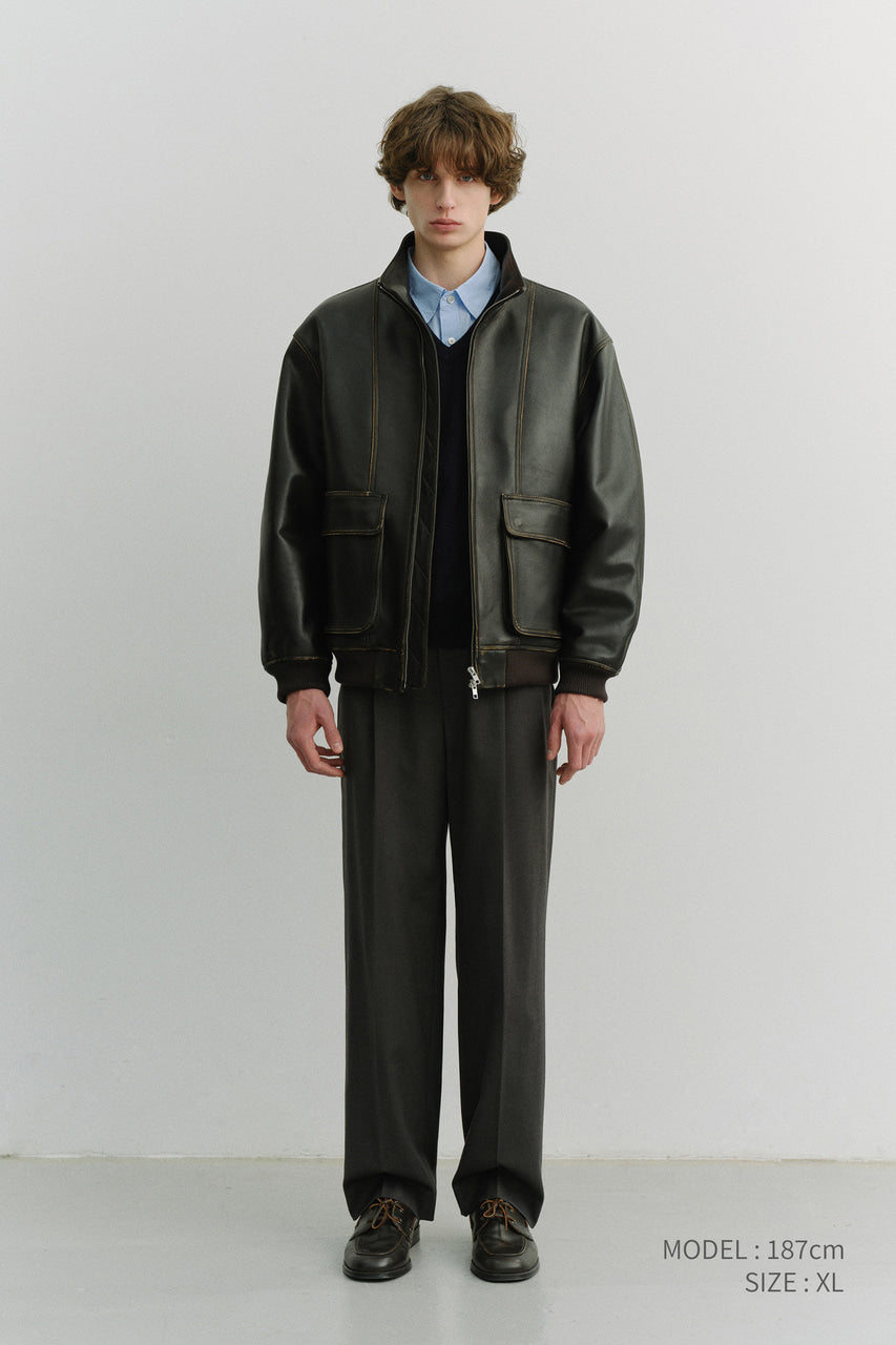 Dunst Unisex Stand Collared Leather Blouson Brushed Black