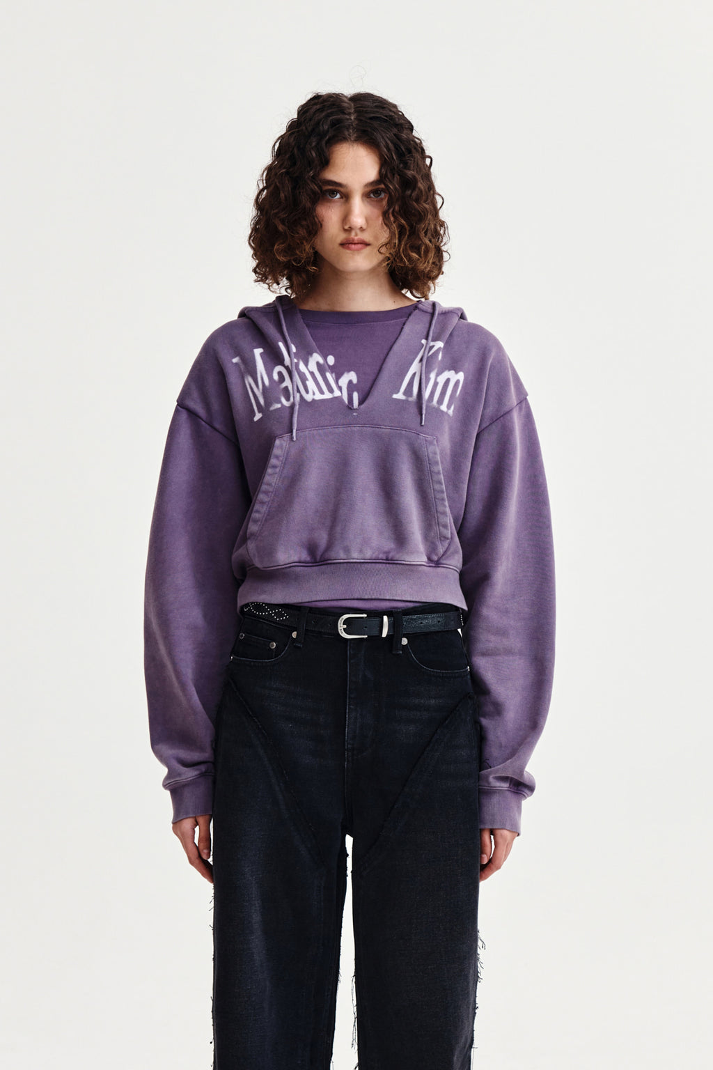 [matinkim] WASHED LAYERED CROP HOODY IN PURPLE