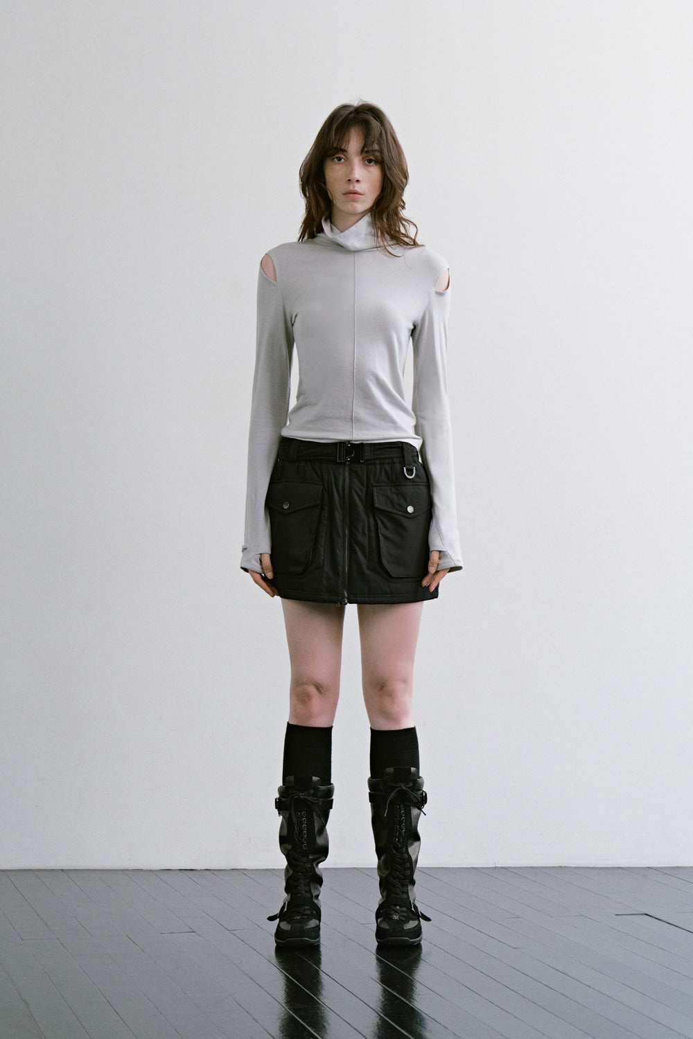 Treemingbird Cutout Turtleneck Top Light Gray