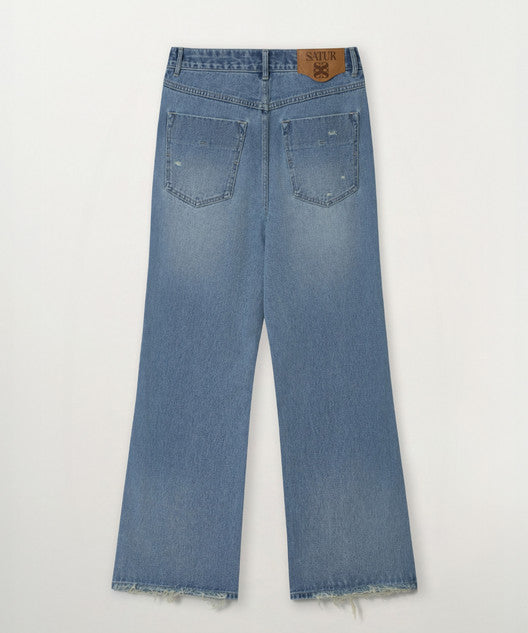 Satur Damage Washed Flare Fit Denim Pants - Blue