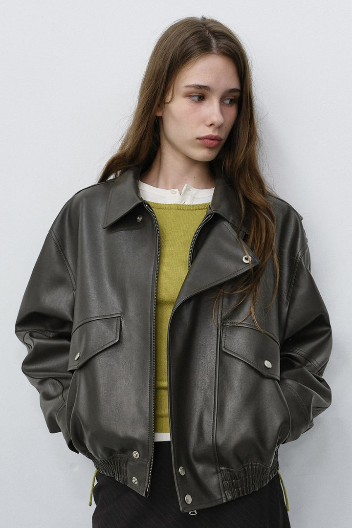 Dunst Unisex Cropped Leather Blouson Greyish Khaki