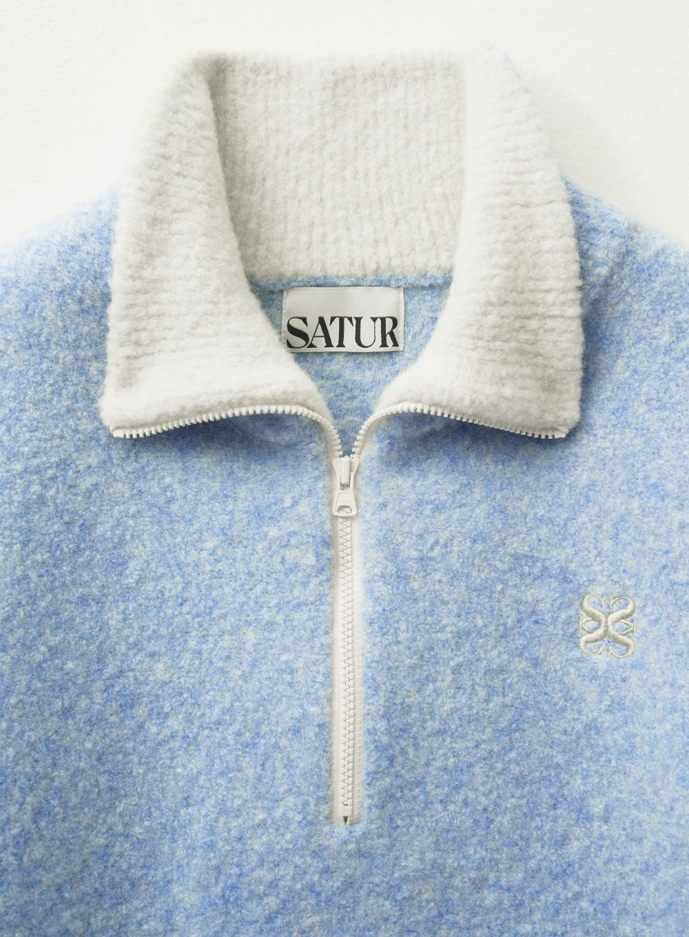 [satur] (W) Crop Half Neck Fleece Knit Zip-up - Sky Blue