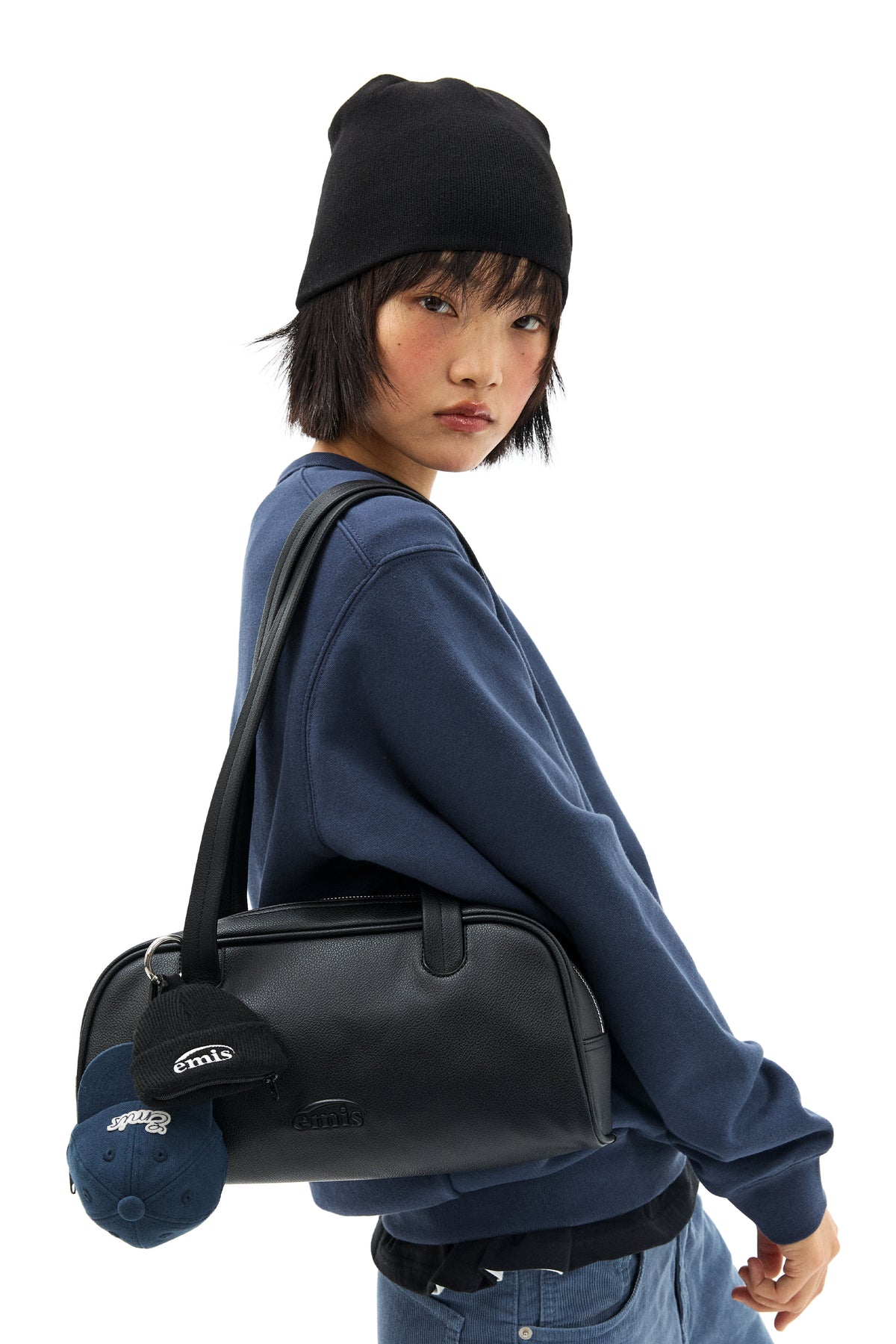 Emis Grain Long Handle Shoulder Bag-Black