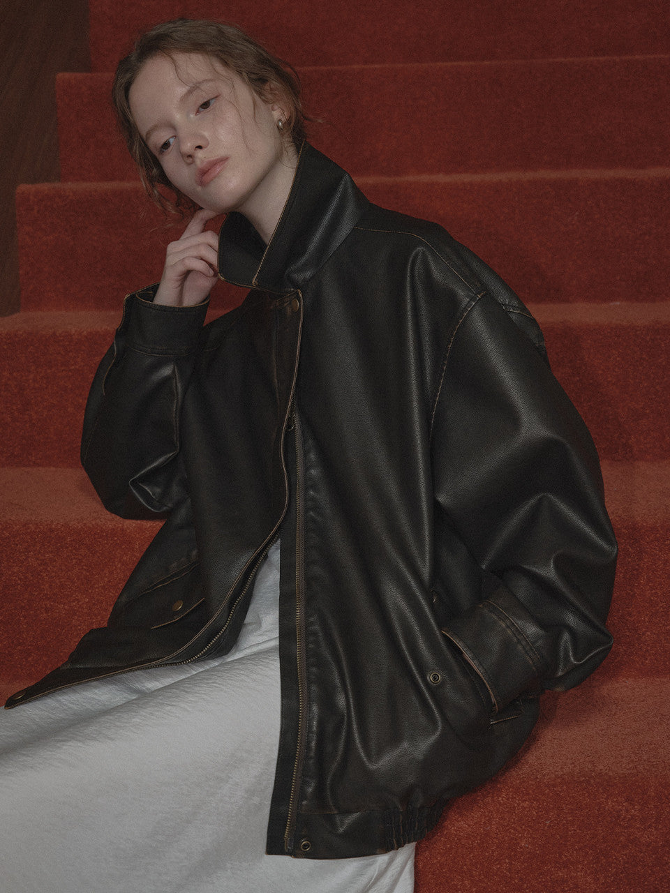 Tillidie Natural crack overfit leather blouson Brown