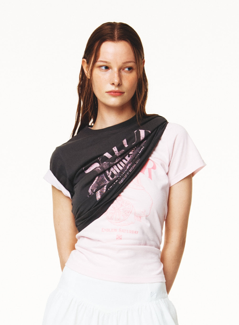 [satur] (W) Capri Citron Drawing Summer Graphic T-Shirt - Light Pink