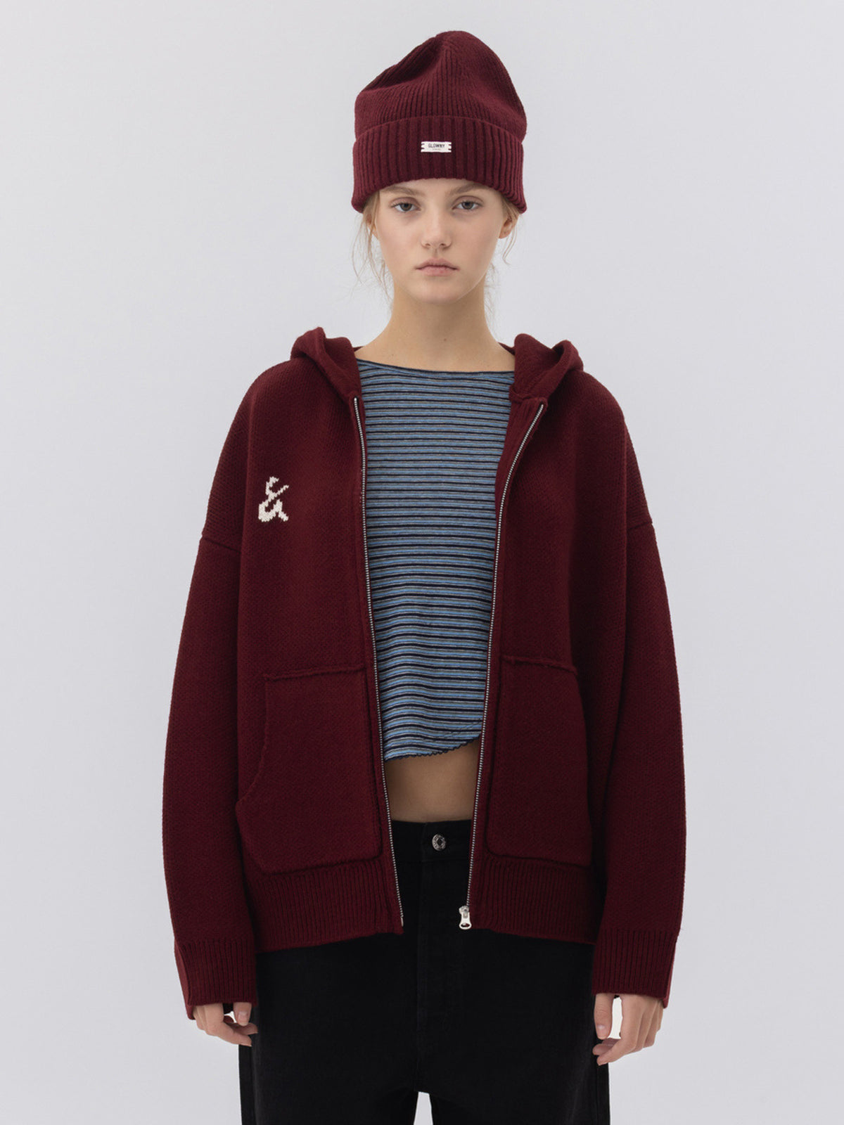 GLOWNY G Jacquard Knit Zip Up (Burgundy)