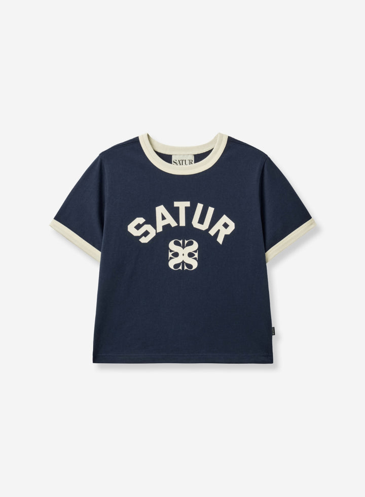 Satur (W) Arch Logo Ringer T-Shirt - Navy