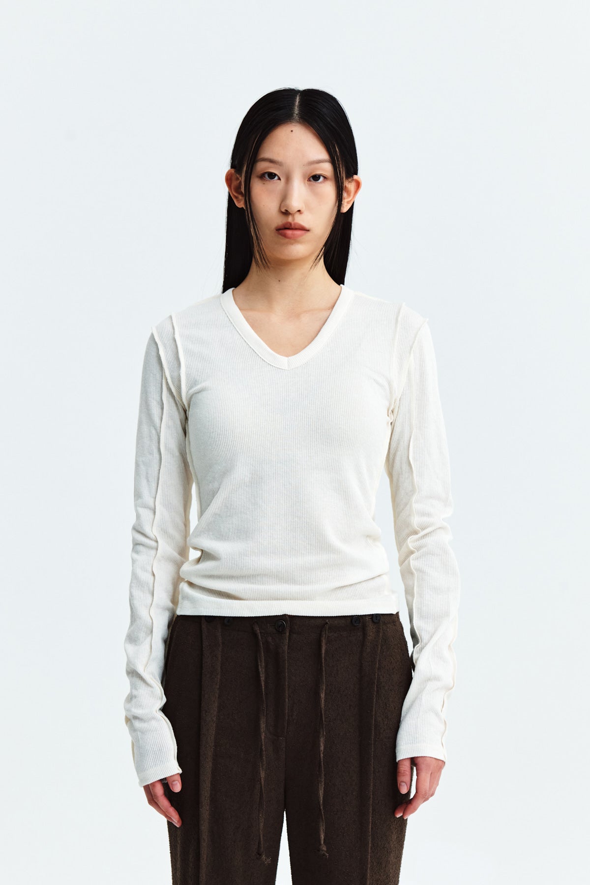 [matinkim] STITCH V NECK SLIM LONG SLEEVE IN IVORY