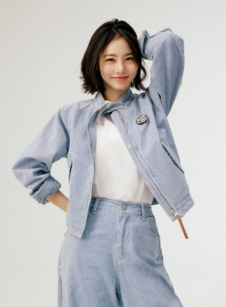 Satur Stripe Denim Harrington Jacket - Light Blue