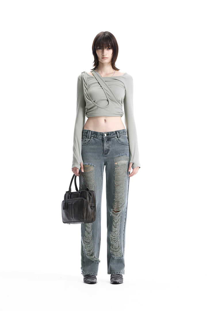 Treemingbird Garter-Hem Long-Sleeve Top Smoke Green