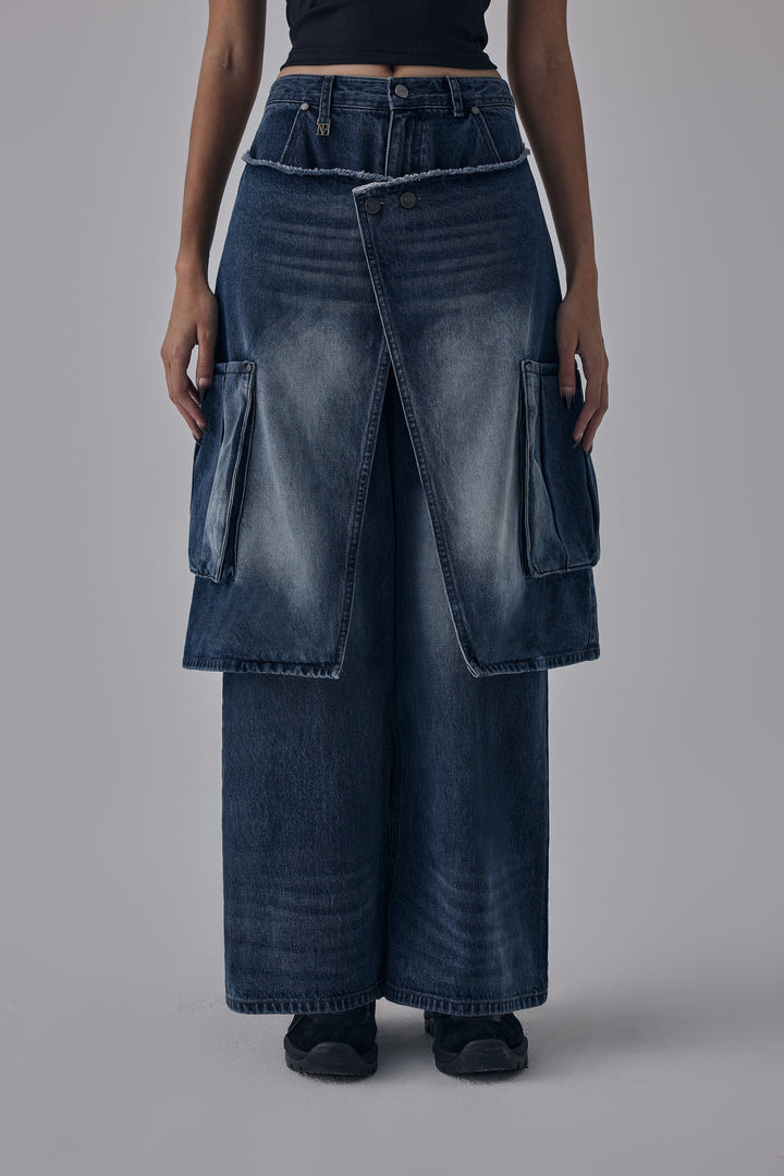 Treemingbird Layered Wrap Skirt Denim Cargo Pants Blue