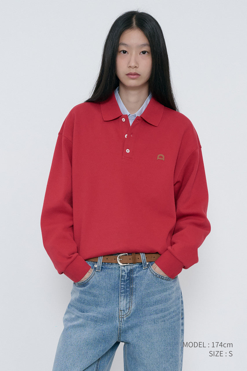 Dunst Unisex Leather Logo Collared T-Shirt Red