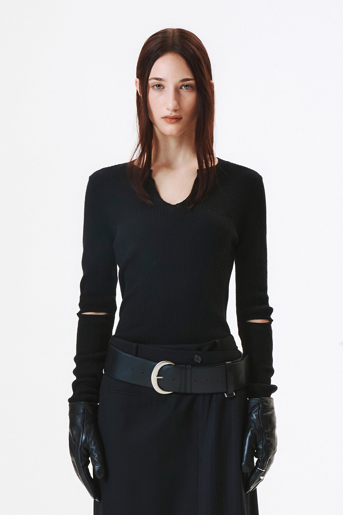 Matinkim Slit Point Slim Knit Top IN Black