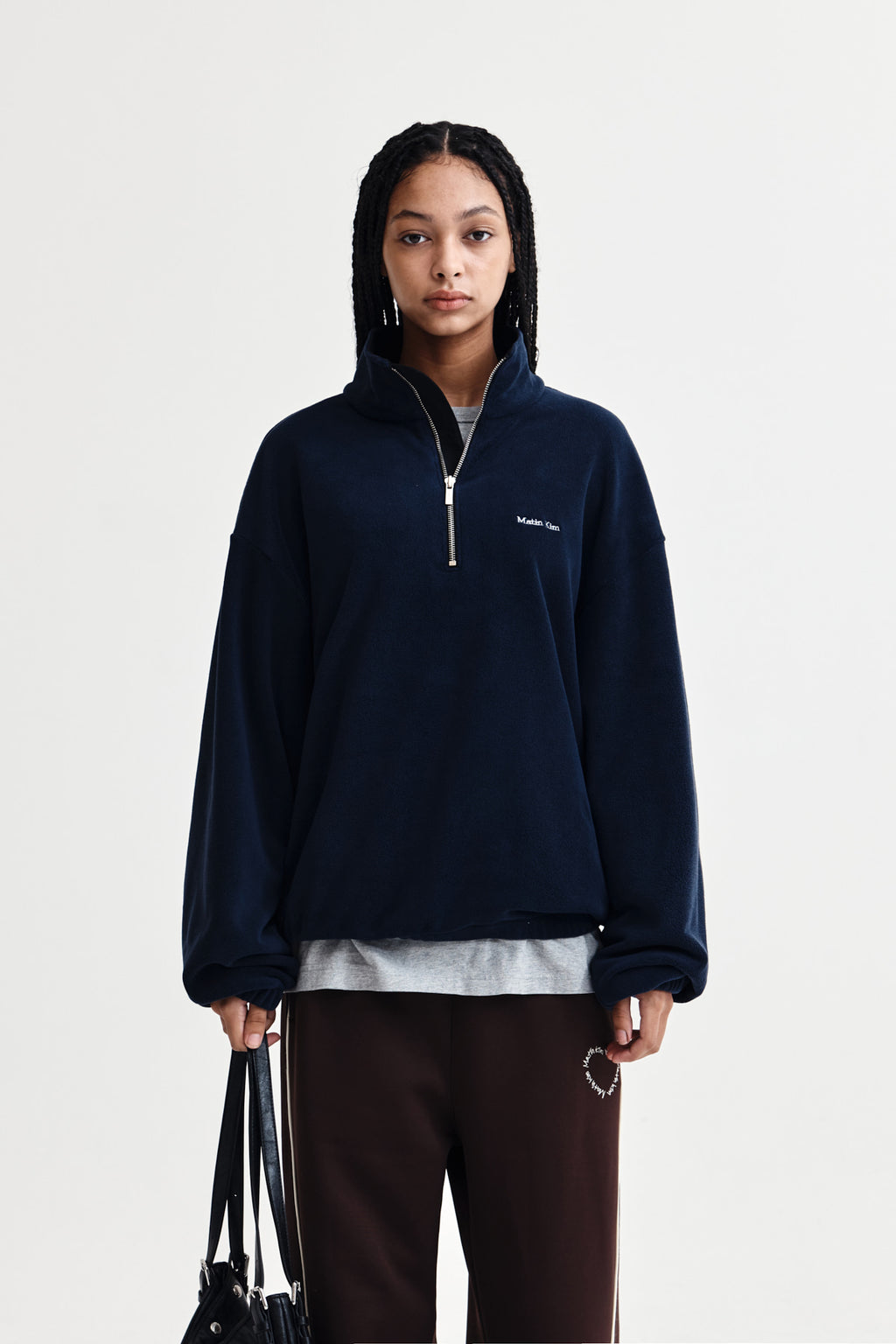 [matinkim] SHERPA FLEECE HALF ZIP UP TOP IN NAVY