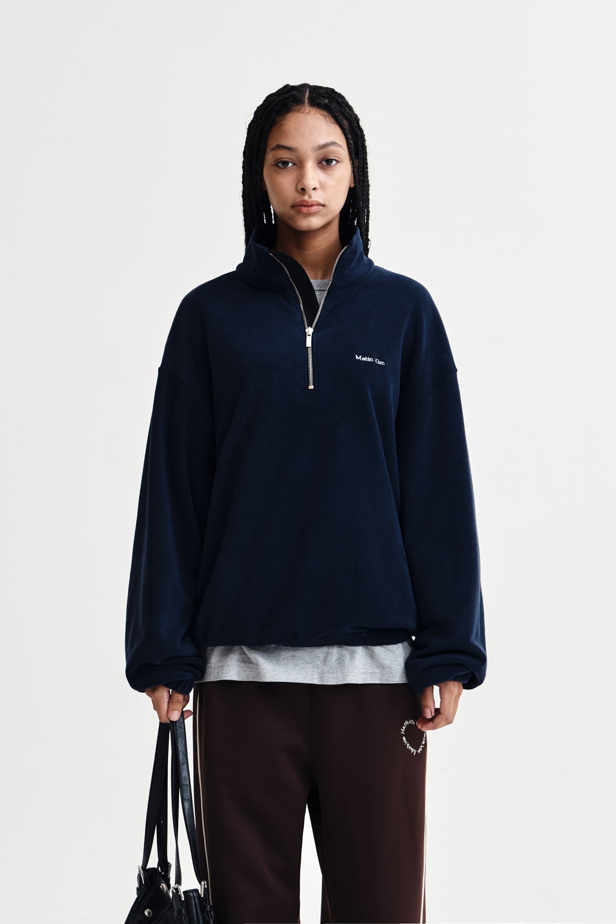 [matinkim] SHERPA FLEECE HALF ZIP UP TOP IN NAVY