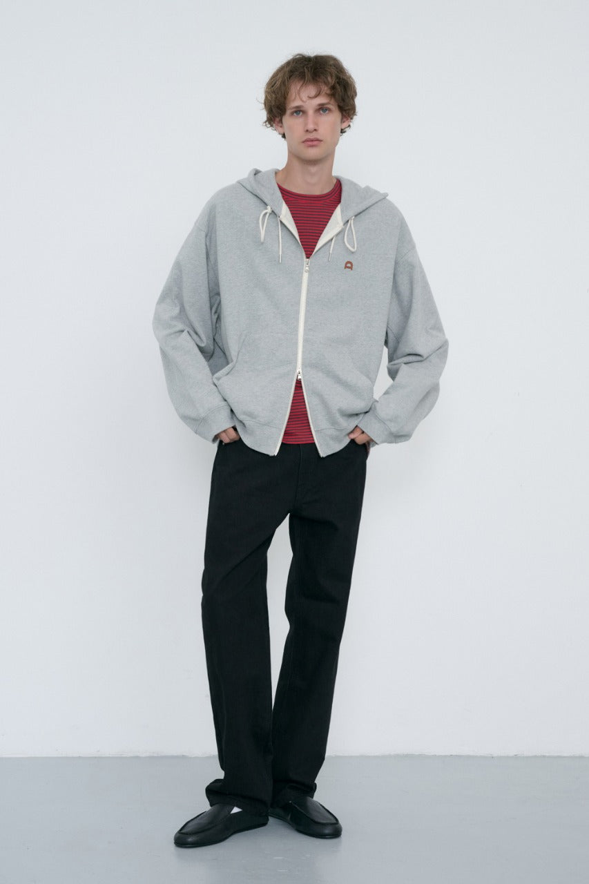 Dunst Unisex Leather Logo Zip-Up Hoodie Melange Grey