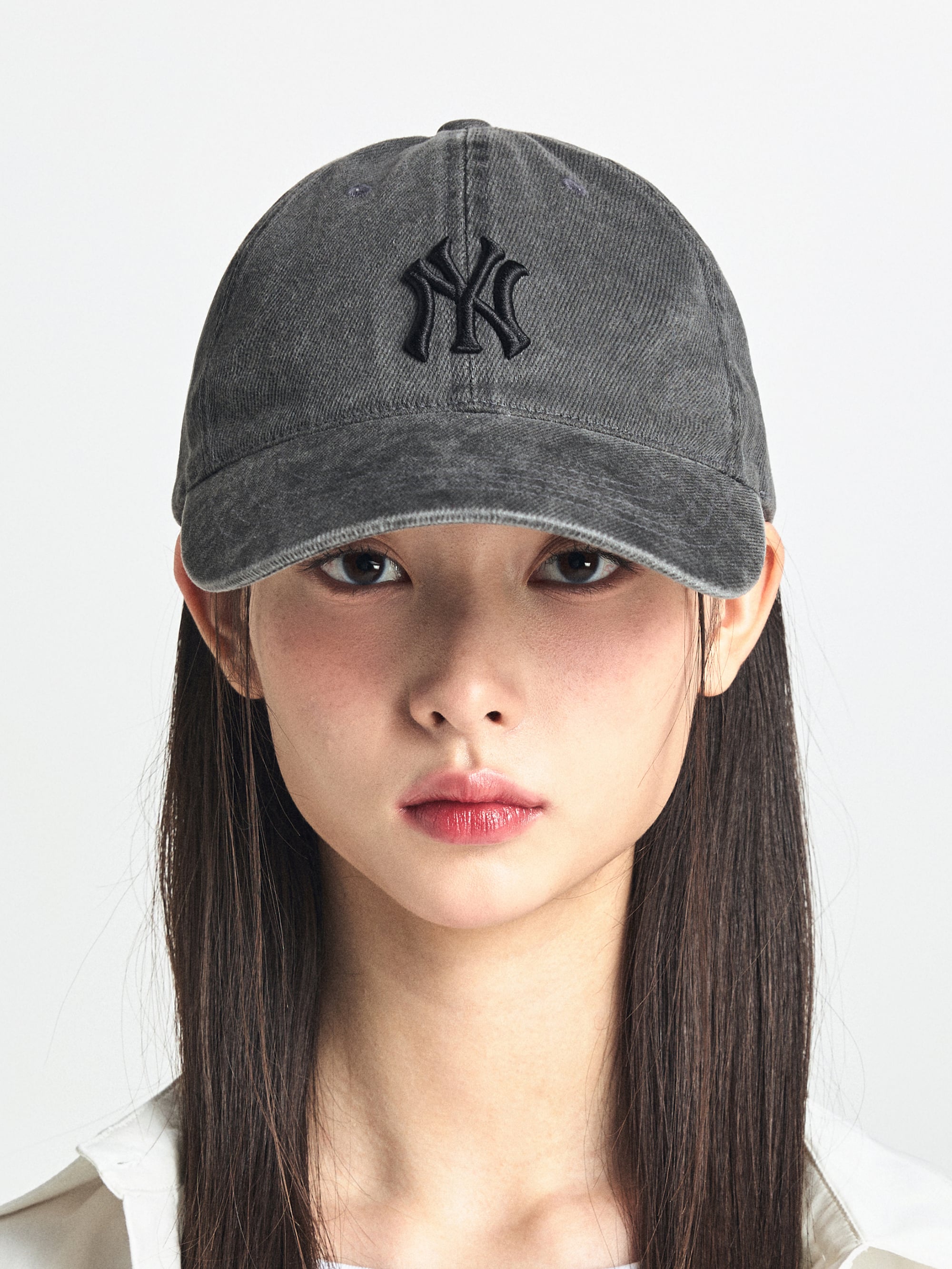 MLB Dark Gray unstructured washed cap, trendy Korean designer hat for streetwear style.