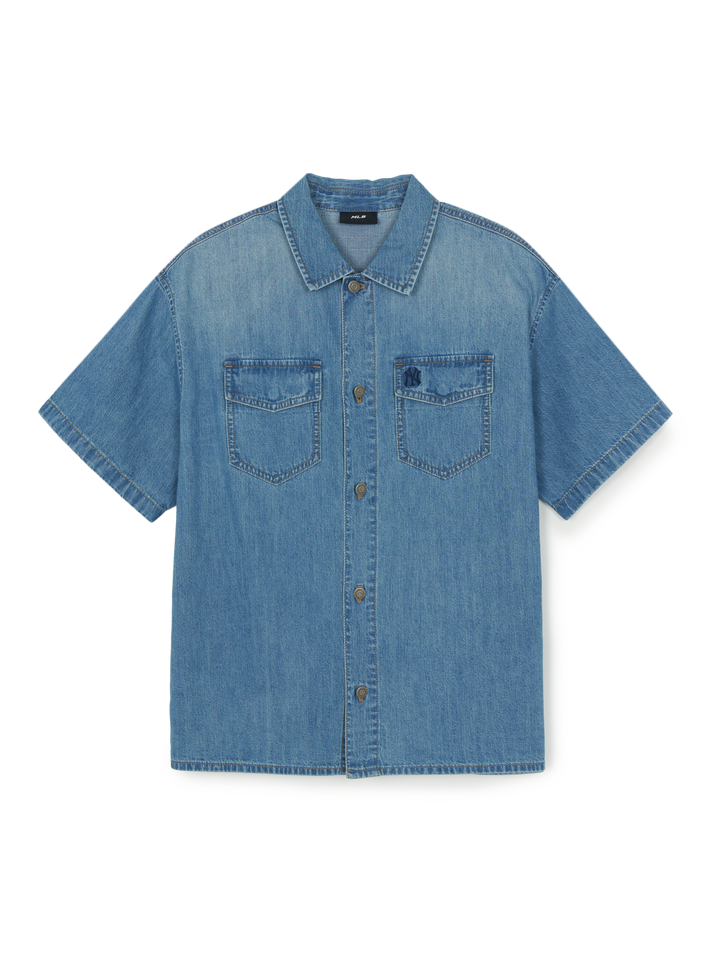 MLB Korea Varsity Vintage Slub Short Sleeve Denim Work Shirt