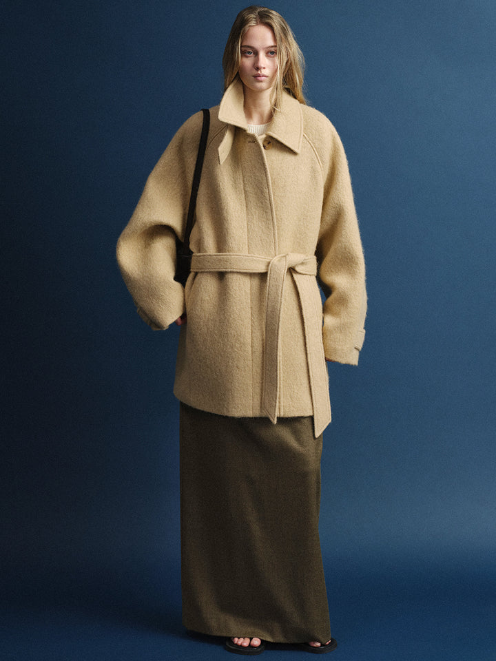 Facade Pattern Alpaca Belted Half Coat beige