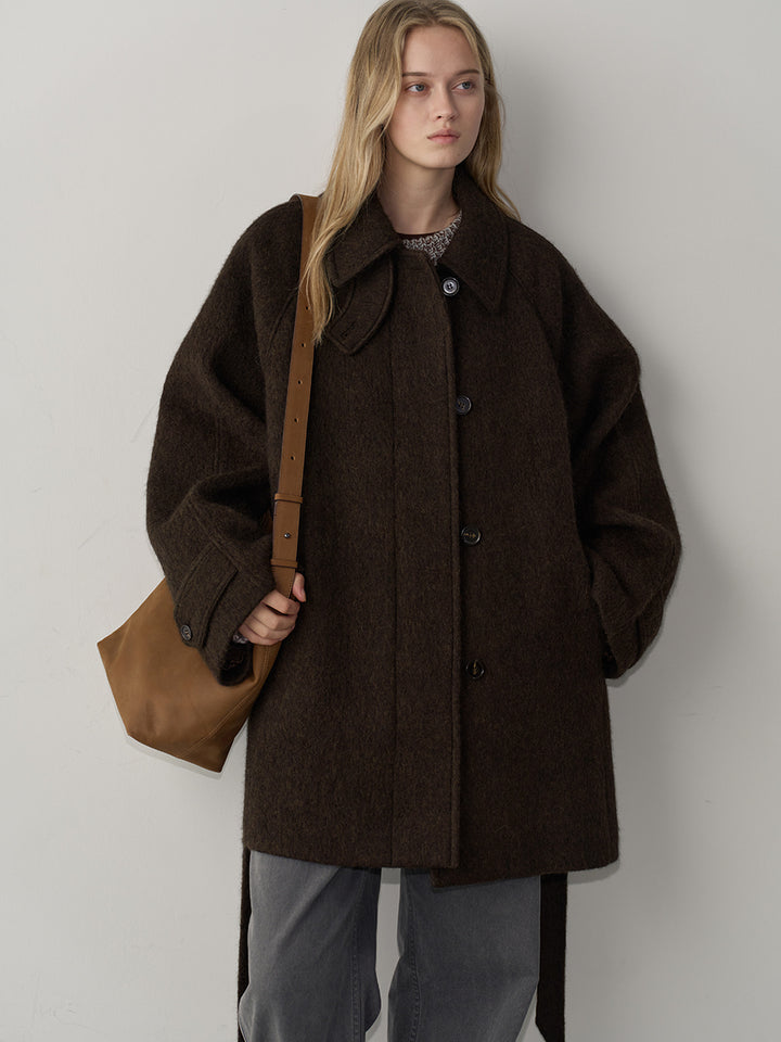 Facade Pattern Alpaca Belted Half Coat brown