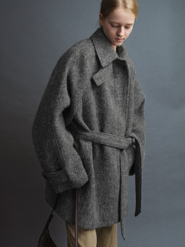 Facade Pattern Alpaca Belted Half Coat grey