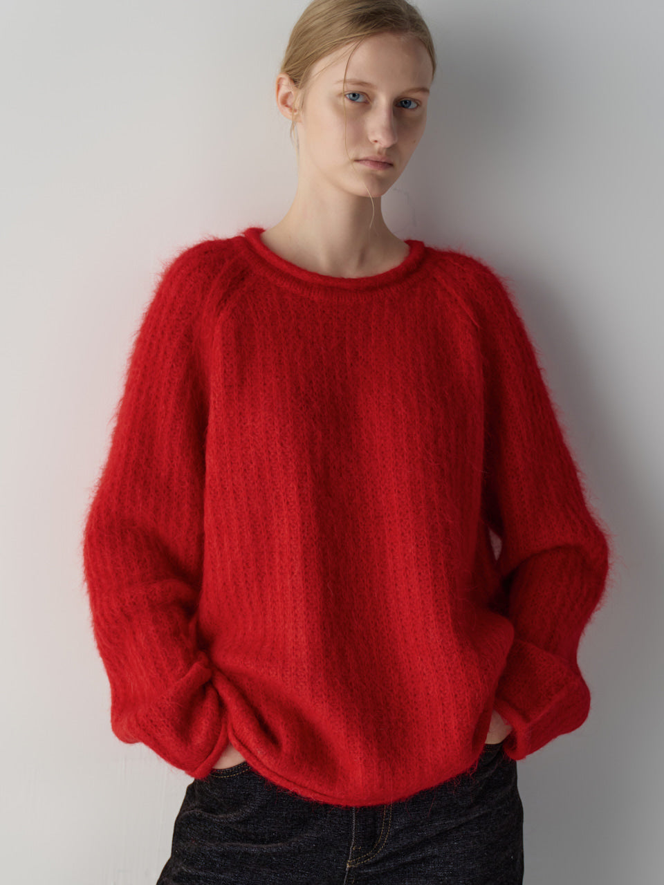 Facade Pattern Alpaca Boat Neck Knitwear red