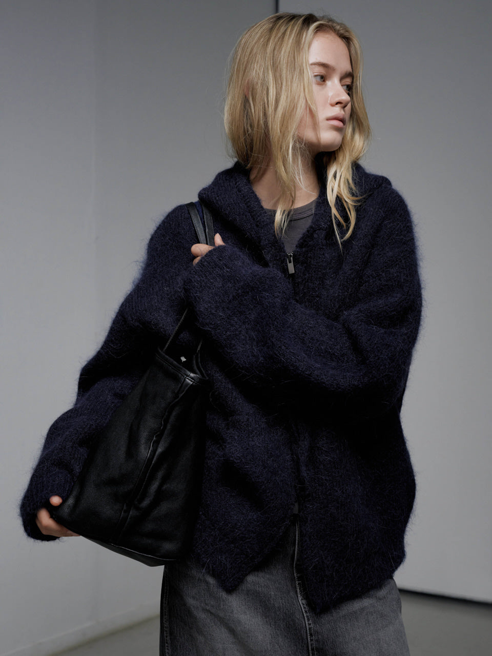 Facade Pattern Alpaca Hooded Knitwear Zip-up midnight navy