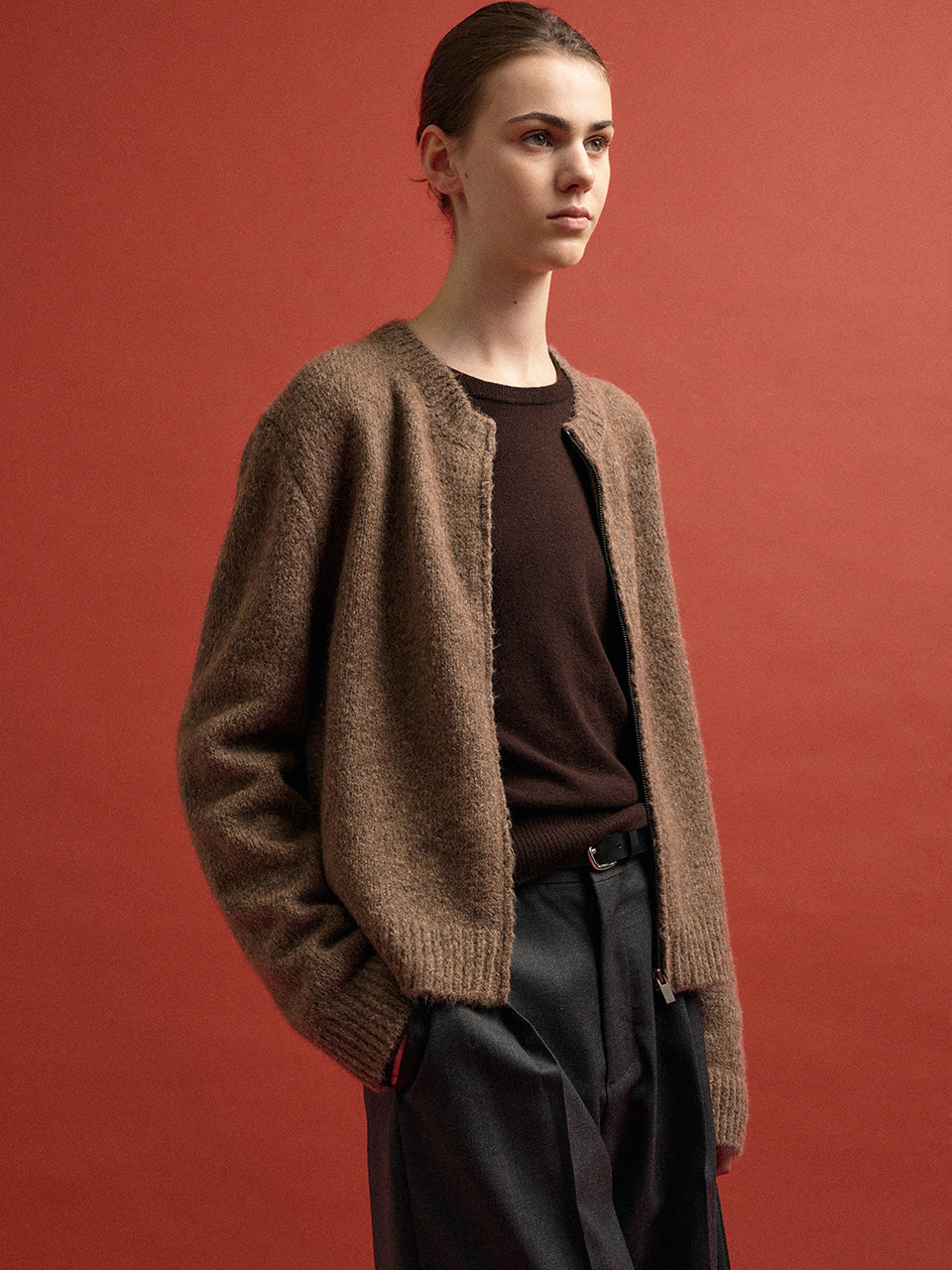 Facade Pattern Alpaca Zip-Up Cardigan brown