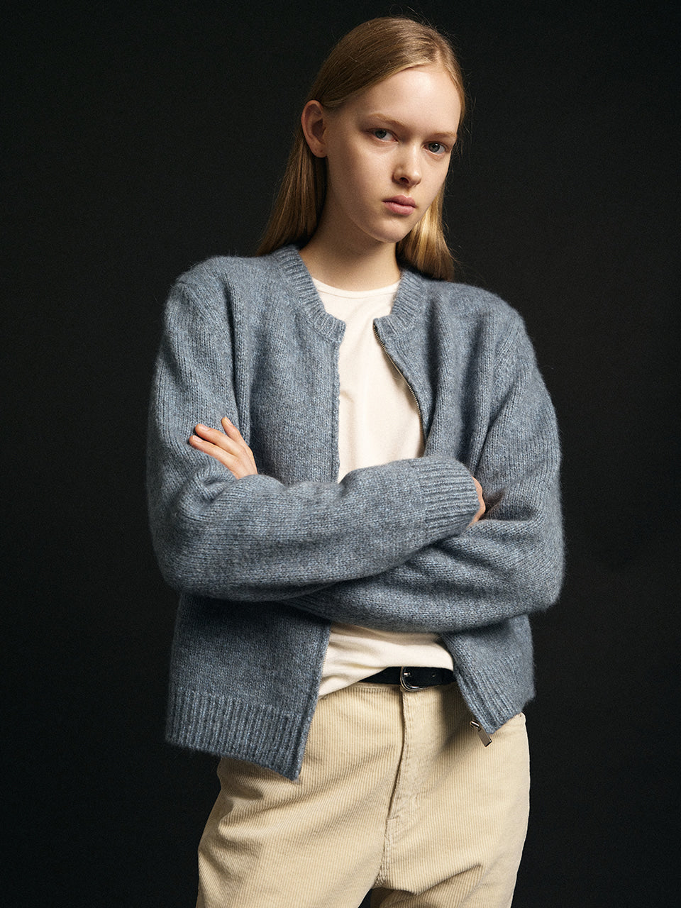 Facade Pattern Alpaca Zip-Up Cardigan grey blue
