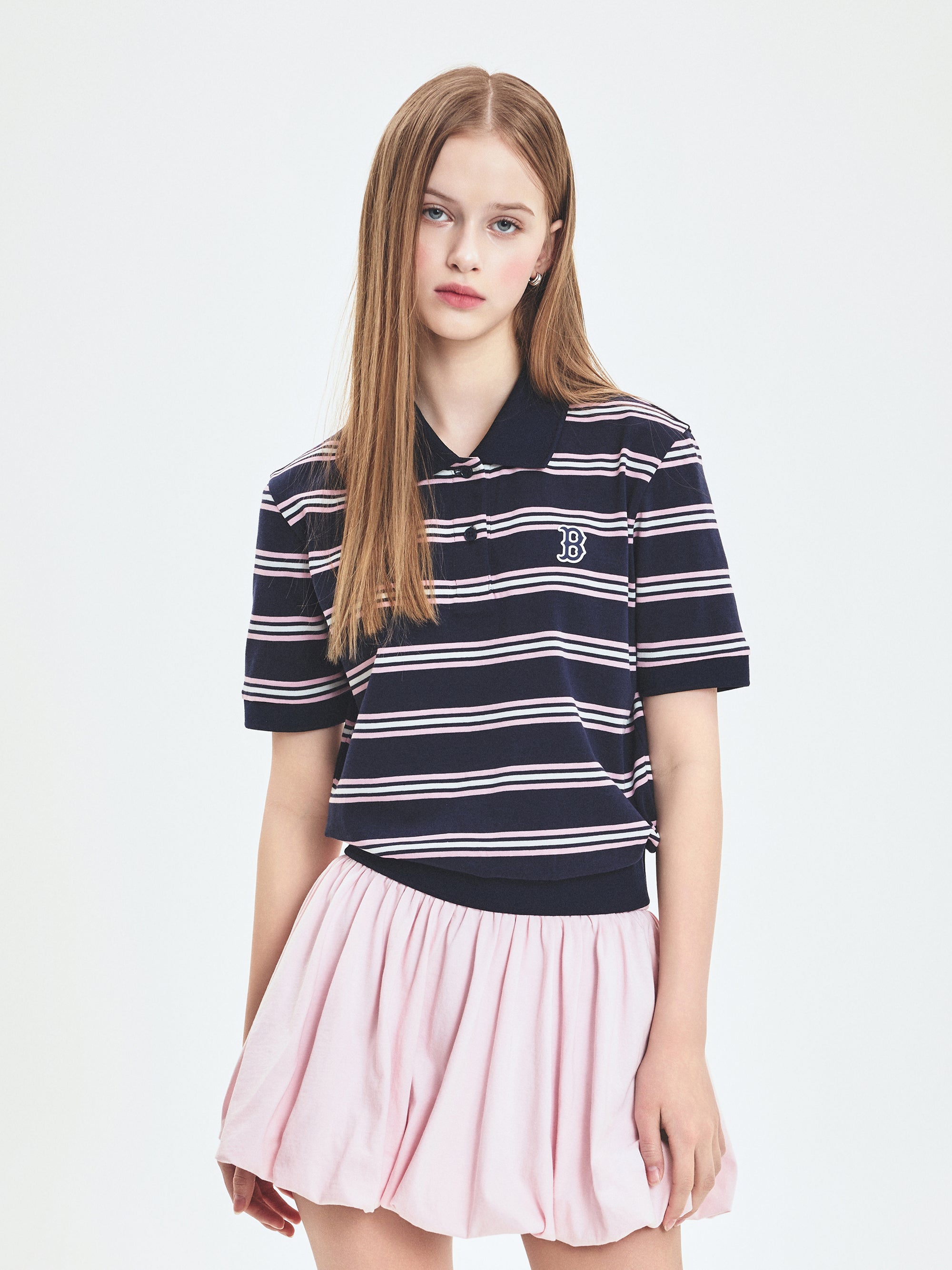 [mlb korea] Women's Varsity Stripe Crop Polo T-shirt