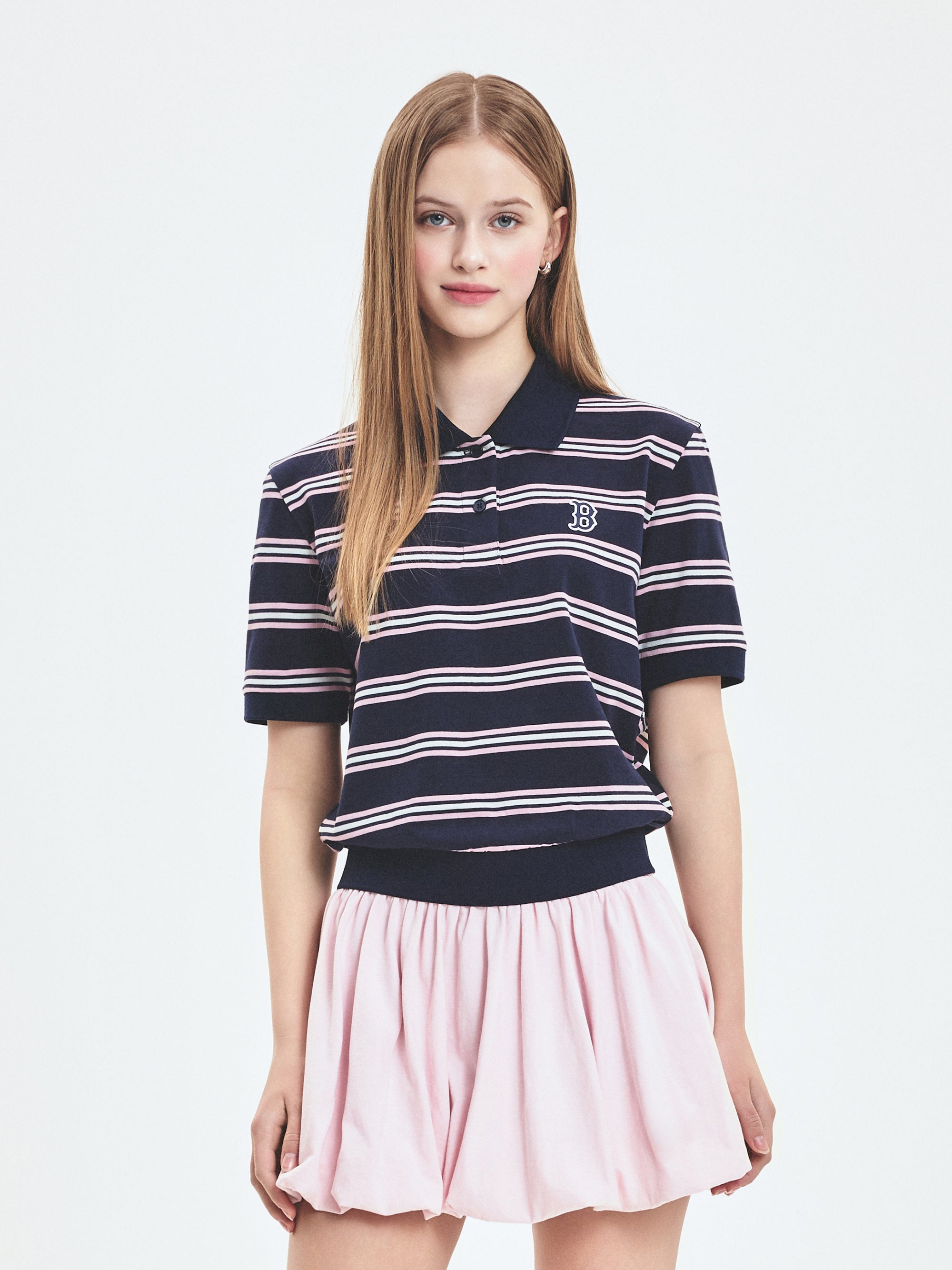 MLB Korea Women's Varsity Stripe Crop Polo T-shirt