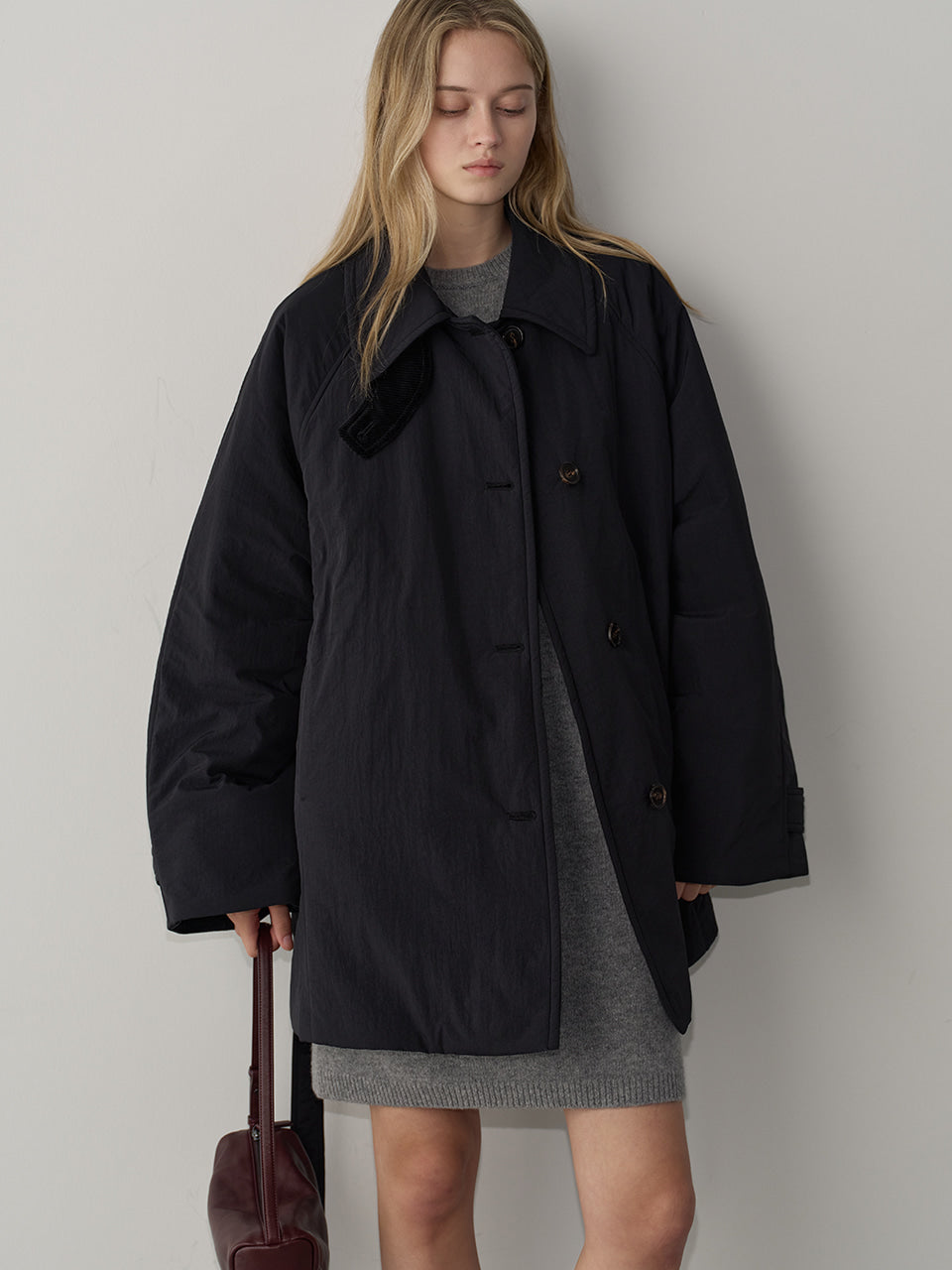 Facade Pattern Belted Padded Half Coat black